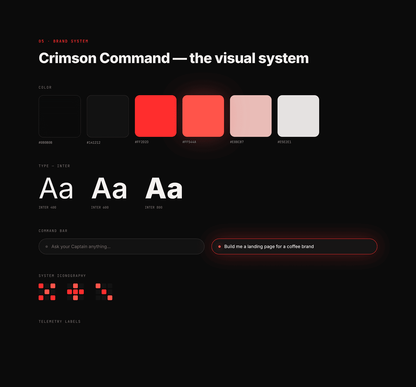 The Crimson Command brand system, including colors, Inter typography, command bars and iconography.
