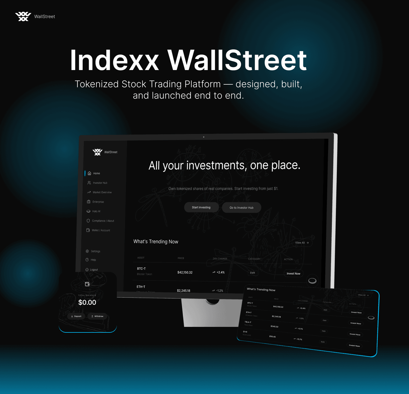 Indexx Wallstreet tokenized stock trading platform shown across desktop and mobile interfaces.