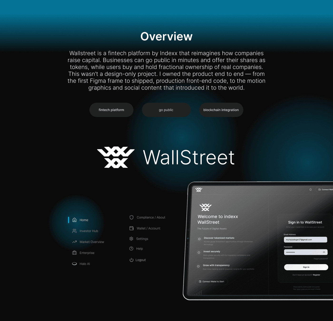 Project overview explaining the Wallstreet platform and its fintech, public offering and blockchain focus.