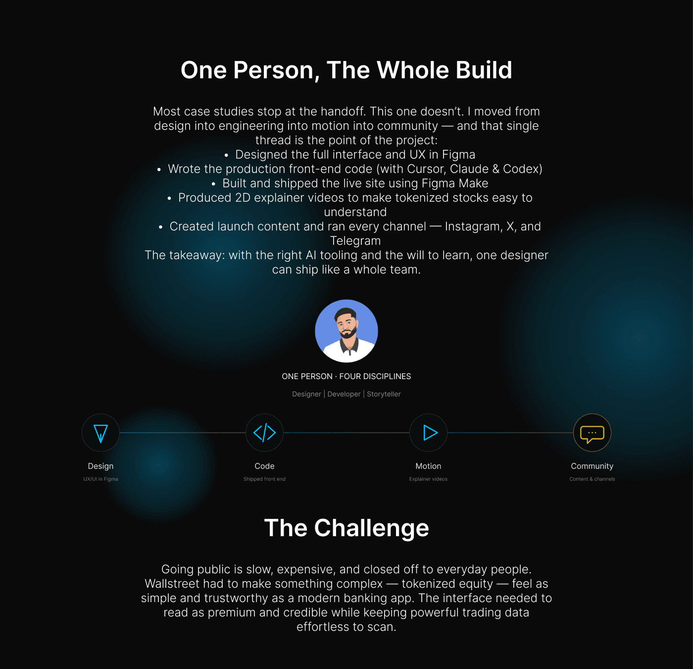 The end-to-end role across product design, front-end code, motion design and community, followed by the project challenge.