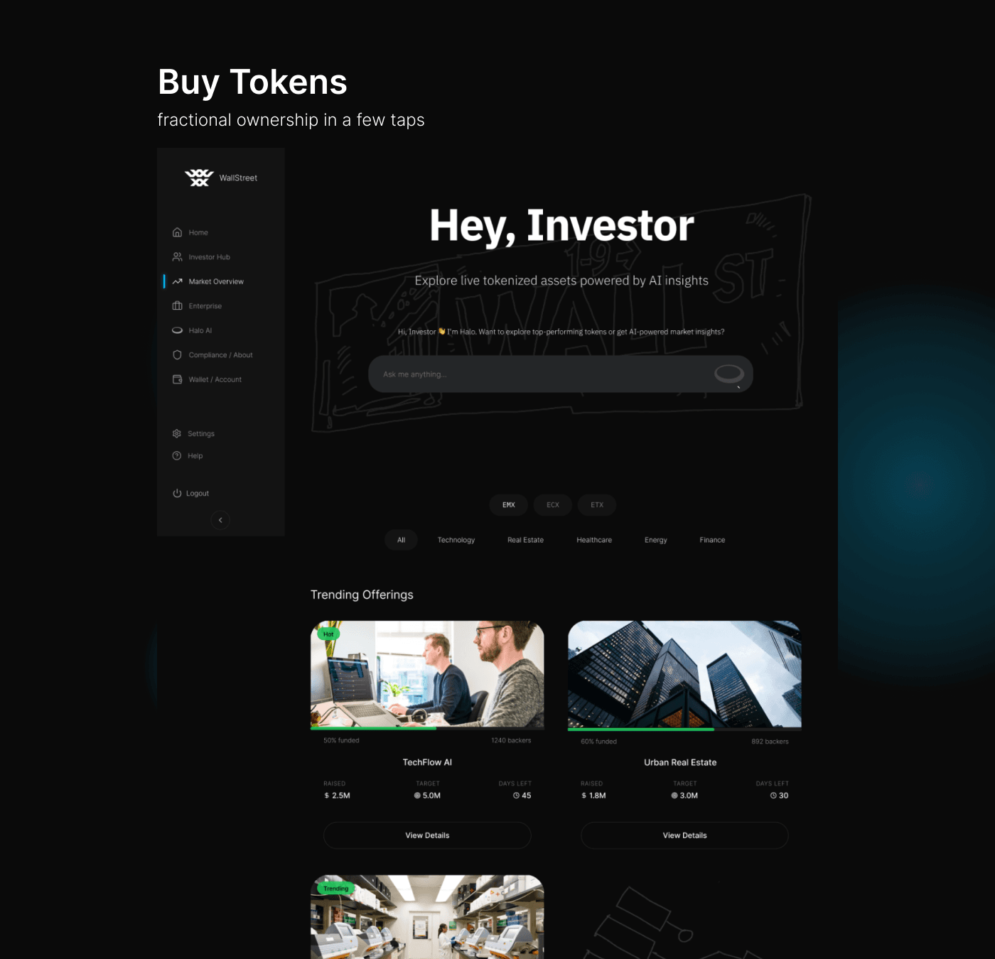 The token marketplace experience with AI-assisted discovery and trending offerings.