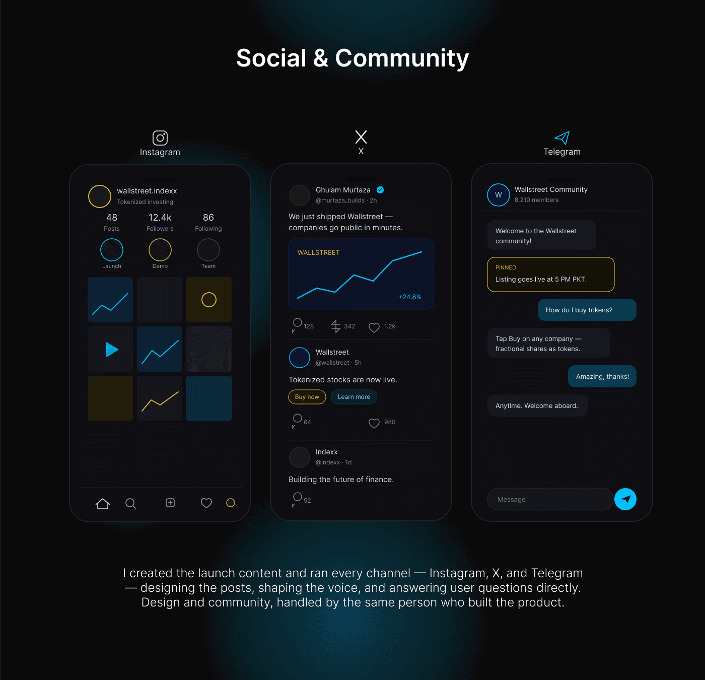 Launch and community work across Instagram, X and Telegram.