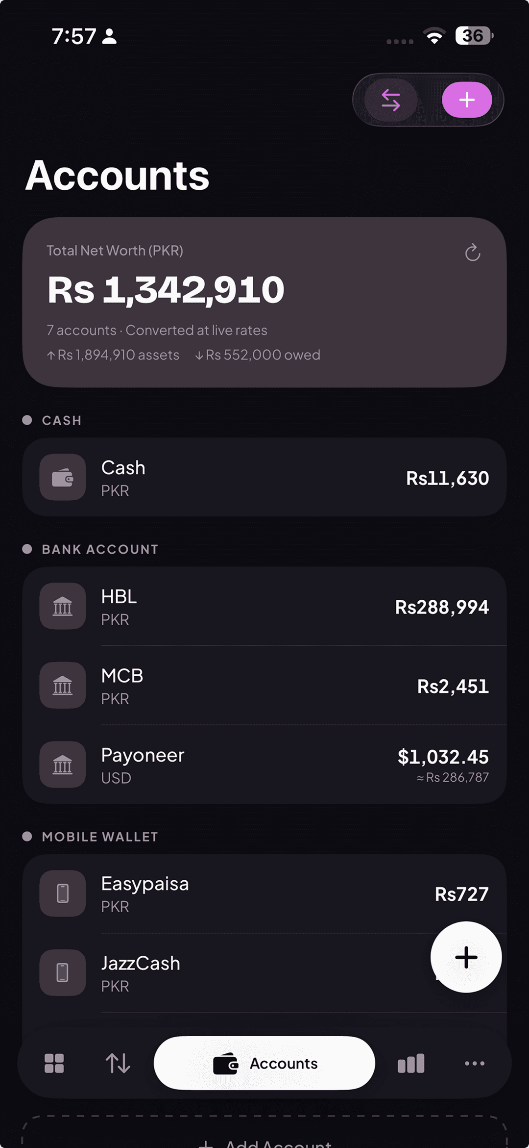 Expenso accounts view showing linked financial accounts.