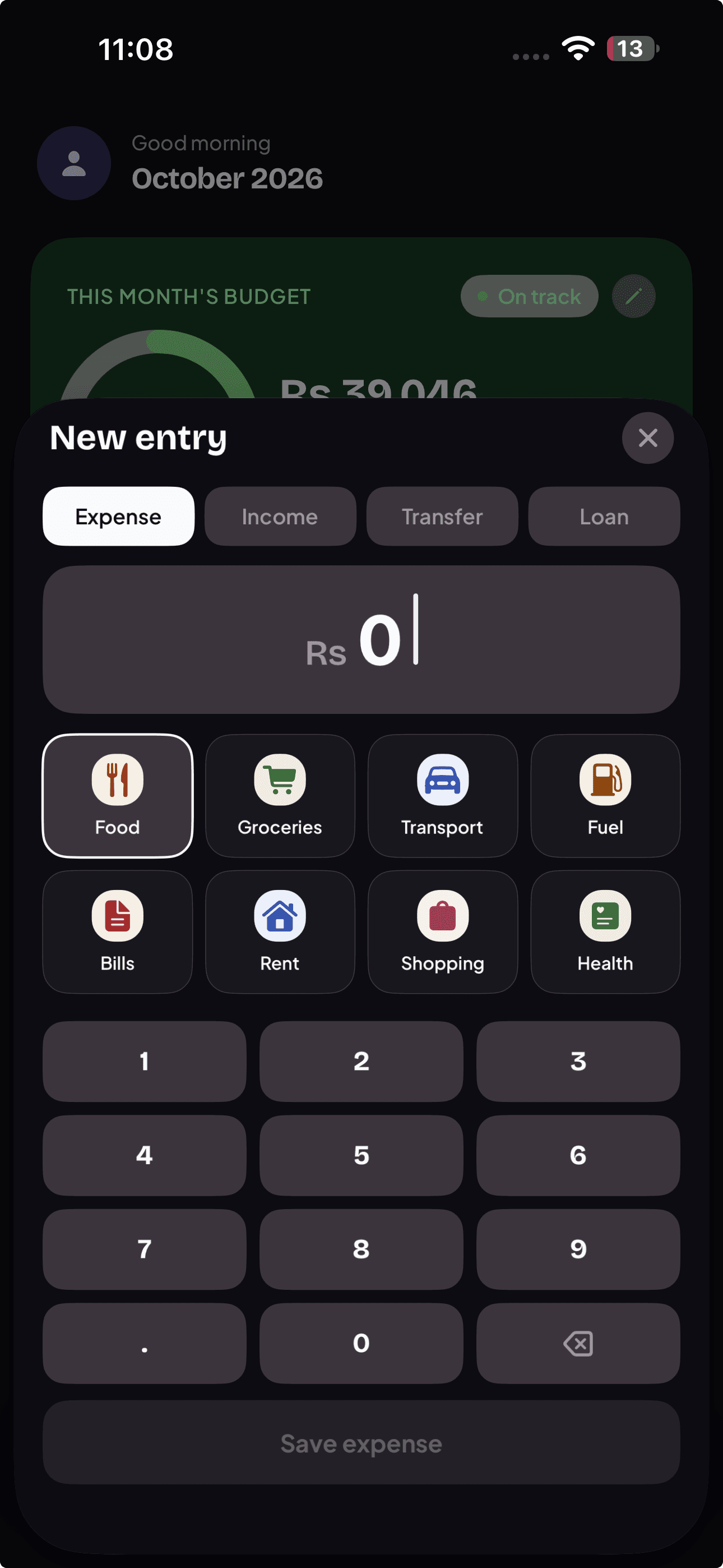 Expenso transaction entry flow for recording an expense.