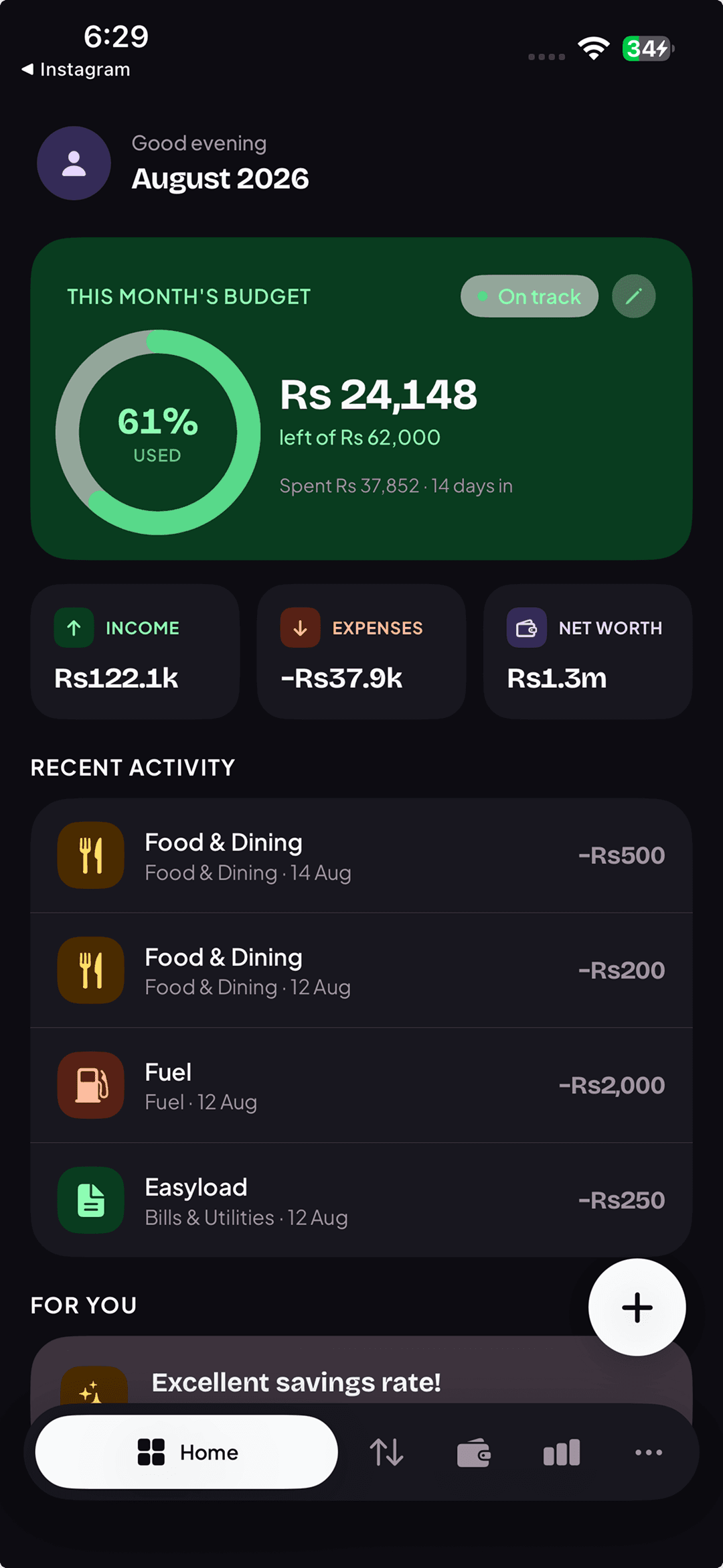 Expenso home dashboard with balance, budget and recent activity.