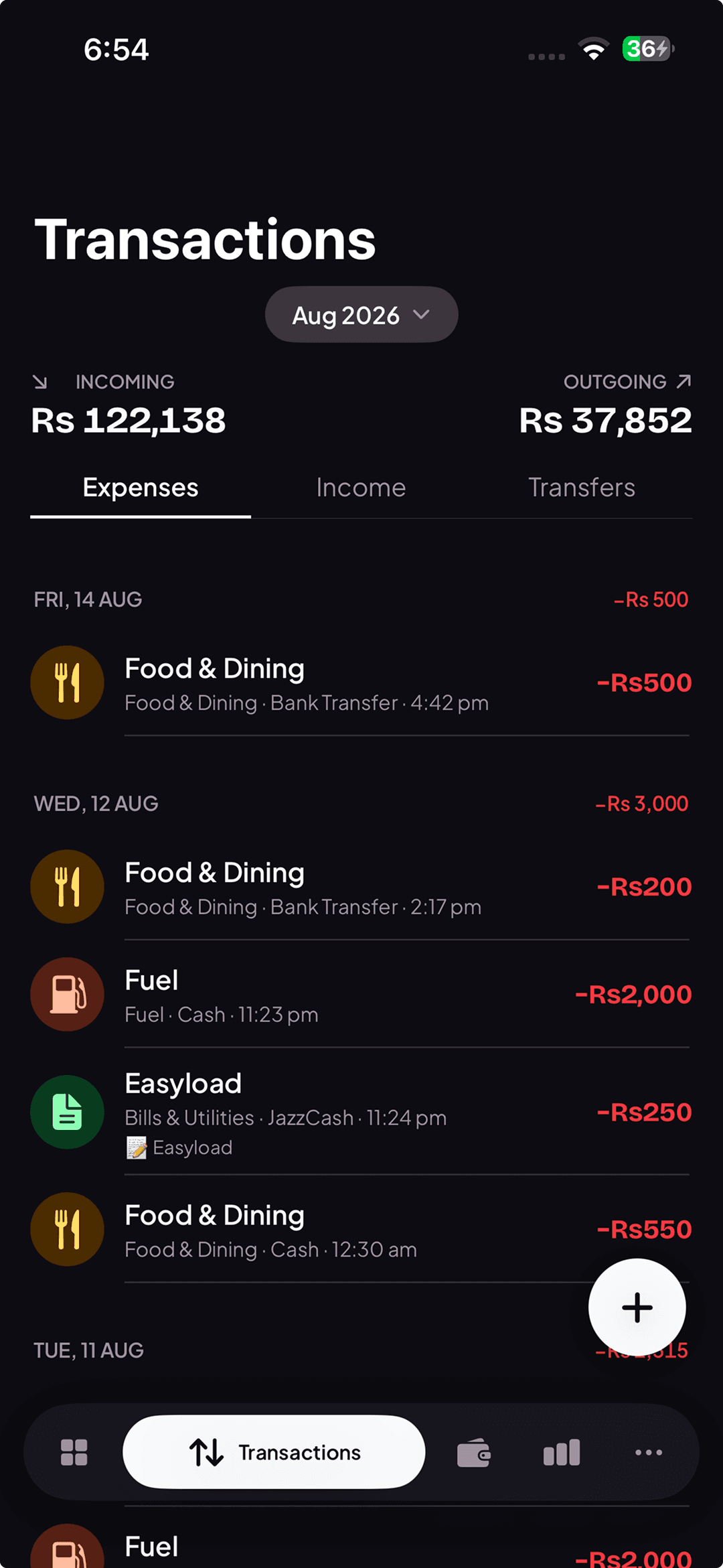 Expenso transactions view for reviewing everyday spending.